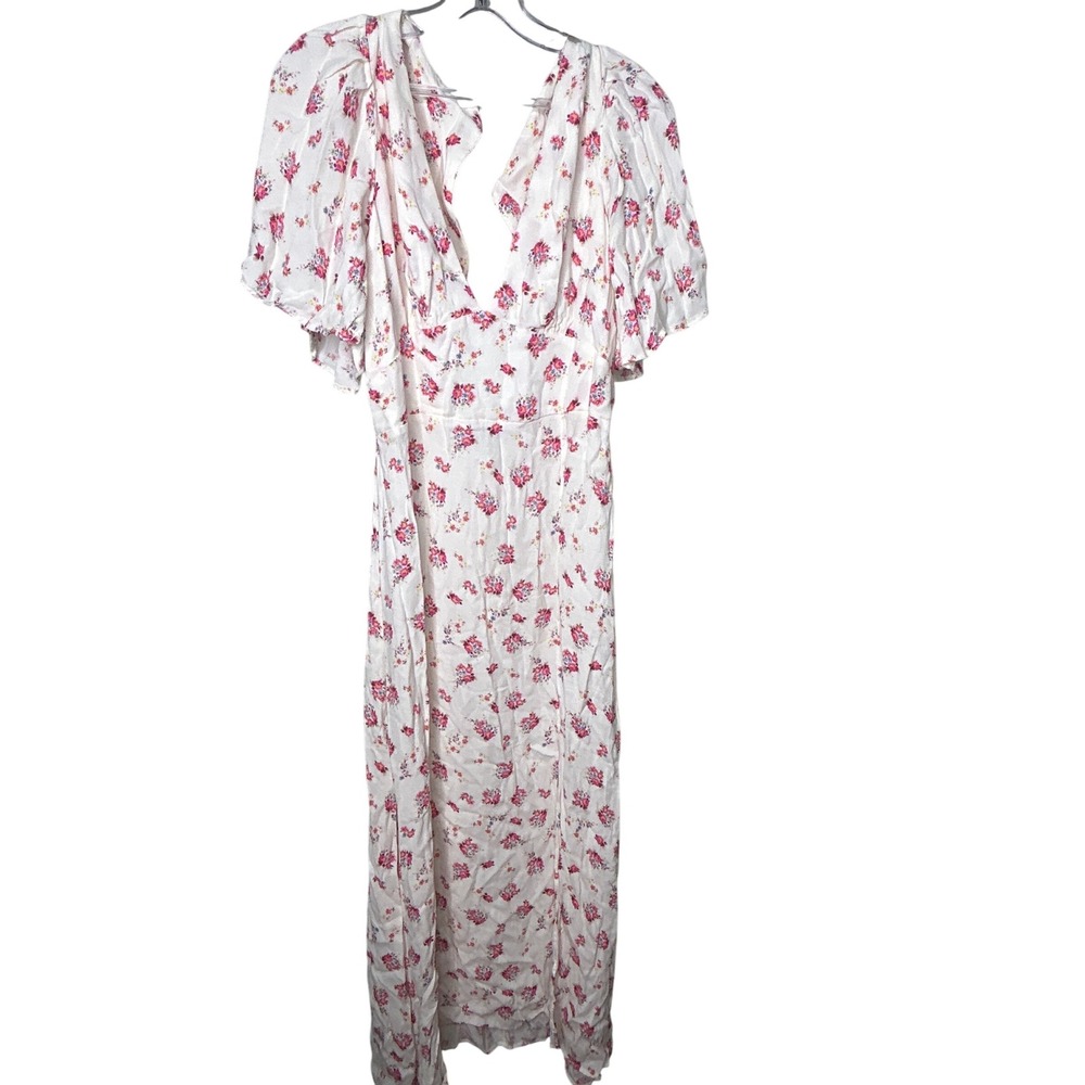 AFRM White Floral Print Maxi Dress V Neck Flutter Sleeve Split Leg Size L